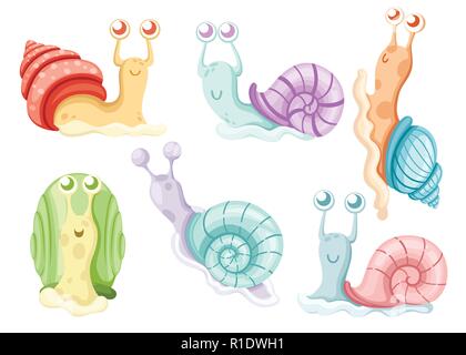 Sammlung von verschiedenen Schnecken. Meer und Wald Schnecken. Bunte clam Cartoon Character Design. Flache Vector Illustration auf weißem Hintergrund. Stock Vektor