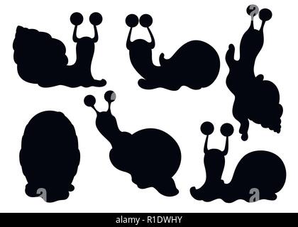 Schwarze Silhouette. Sammlung von verschiedenen Schnecken. Meer und Wald Schnecken. Clam Cartoon Character Design. Flache Vector Illustration auf weißen Bac isoliert Stock Vektor