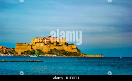 Blick auf die Zitadelle mit Häusern in Bucht von Calvi, Korsika, Frankreich. Stockfoto