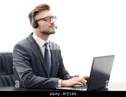 Aufmerksame Geschäftsmann Hören von Audio Business Kurs Stockfoto