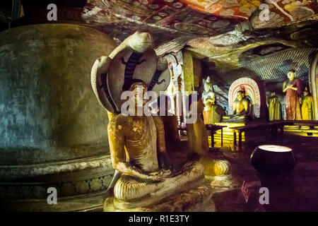 Dambulla Cave Temple, Sri Lanka. In den Höhlentempeln von Dambulla gibt es mehr als 48 Buddha-Statuen. Naga-Statuen stellen Buddha dar, der während der Meditation von einer Königskobra geschützt wird Stockfoto