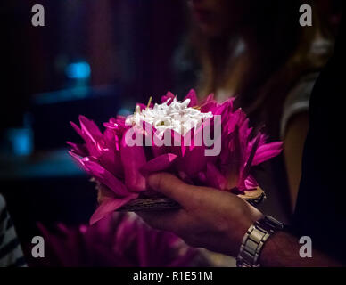 Eine Hand hält ein Arrangement aus rosa Seerosenblüten als Opfergabe vor dem Tempel des Heiligen Zahnreliquiar in Kandy, Sri Lanka. Buddhistische Gläubige bringen Blumen zum Tempel, um symbolisch ihre Wünsche und Hingabe auszudrücken. Stockfoto