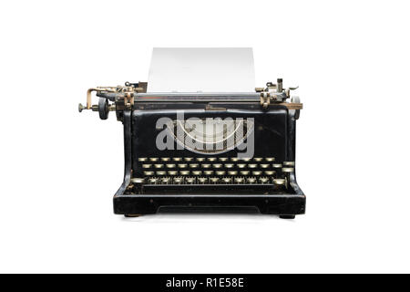 Schreibmaschine auf weißem Hintergrund der Vorderansicht Stockfoto