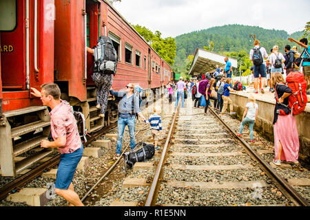 Verwirrung auf dem Bahnsteig von Ella in Sri Lanka, als der Zug auf der falschen Spur ankam. Der Schalter war wahrscheinlich nicht richtig eingestellt Stockfoto