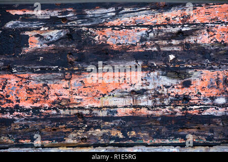 Distressed verwittertes Holz auf einem alten hölzernen Fischerboot, England, Großbritannien Stockfoto
