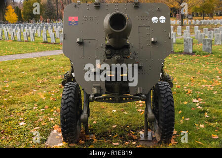 Artillerie Waffe und Grabdenkmäler der gefallenen Soldaten - Buchenholz nationalen Soldatenfriedhof, Ottawa, Ontario, Kanada Stockfoto