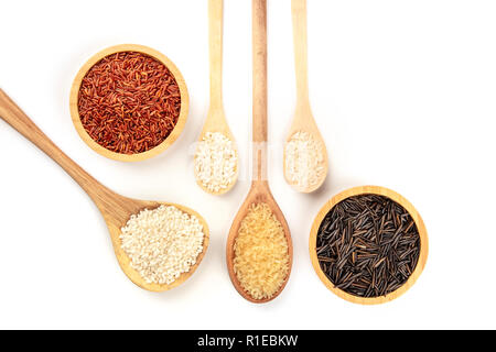 Verschiedene Arten von Reis, geschossen von oben auf einen weißen Hintergrund mit einem Platz für Text. Weiß, Rot, Braun und Schwarz Rices in hölzernen Löffel und Schüsseln mit Stockfoto