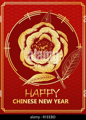 Happy Chinese New Year gift card. Golden camellia Blume auf der Dragon scale Hintergrund Vector Illustration Stock Vektor