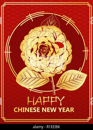 Happy Chinese New Year gift card. Golden camellia Blume auf der Dragon scale Hintergrund Vector Illustration Stock Vektor