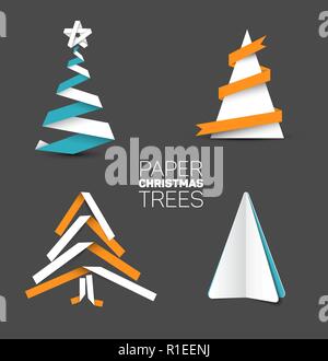 Sammlung von vier Weihnachtsbäume aus weißem Papier oder Weiß, Blau und Orange Papierstreifen auf dunklem Hintergrund gemacht Stock Vektor