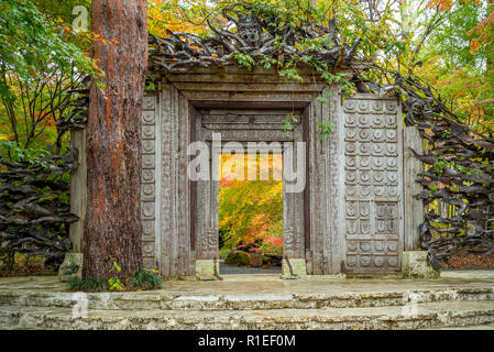 Kawaguchiko, Japan - 10. November 2018: Haupteingang der Kubota Itchiku Art Museum, gewidmet für Kubota Itchiku steht in den bewaldeten Hügeln entlang. Stockfoto