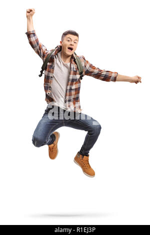 In voller Länge Porträt einer freudigen teenage Student auf weißem Hintergrund springen Stockfoto