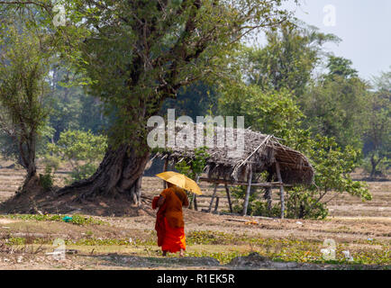 Don Det, Laos - 22. April 2018: buddhistischer Mönch mit einem Schirm vor der Sonne zu schützen und zu Fuß zu einem Pfad in der Nähe von Don Det Dorf in Laos. Stockfoto