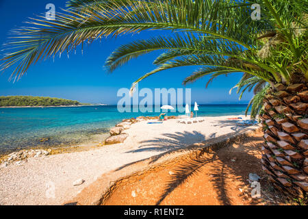 Promenade am Meer auf der Insel Brac mit Palmen und türkisklares Wasser des Ozeans, Supetar, Brac, Kroatien Stockfoto