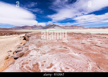 Der erstaunliche Alar de Piedras Rojas" (rote Steine Salzsee) in der Atacama-wüste in Chile in den Anden, eine erstaunliche und bunte Landschaft in Chile Stockfoto