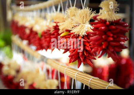 Händler verkaufen Hand aufgereiht red chili ristas zum Kochen und als Souvenirs in Santa Fe, NM, USA Stockfoto