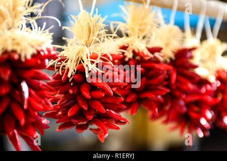 Händler verkaufen Hand aufgereiht red chili Ristras zum Kochen und als dekorative Souvenirs in Santa Fe, NM, USA Stockfoto