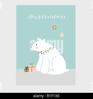 Süße Frohe Weihnachten Grußkarte, Einladung mit kleinen Eisbären, Geschenkboxen und hängende Chrsitmas Ornamente Dekoration. Hand kids Nordic Design gezeichnet. Vector Illustration Hintergrund. Stock Vektor