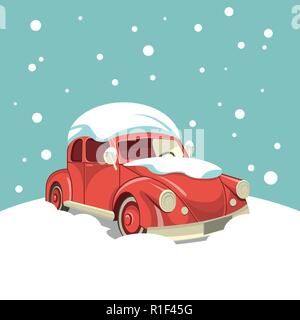Schön retro Auto im Schnee auf dem Hintergrund der Schneefall Stock Vektor