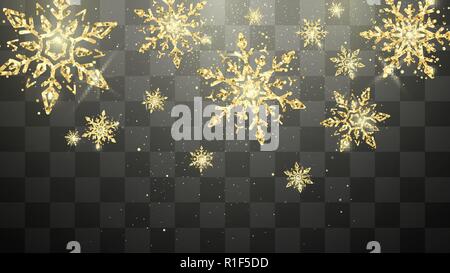 Festliche golden Schneeflocken auf transparentem Hintergrund isoliert. Silvester und Weihnachten magic Dekoration. Urlaub Postkarte. Vector Illustration Stock Vektor