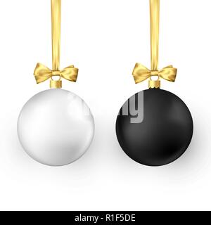 Satz von Weihnachten Kugeln. Realistische glänzend Weihnachten und Neujahr Christbaumschmuck. Die weißen und schwarzen traditionellen Urlaub realistische Weihnachtskugeln mit goldenen Stock Vektor