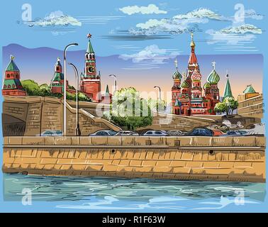 Stadtbild der Damm des Kreml Türme und Brücke über Fluss Moskau (Roter Platz, Moskau, Russland) Bunte isoliert Vektor Handzeichnung illustrati Stock Vektor