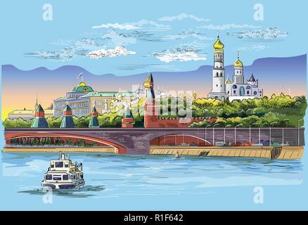 Stadtbild der Damm des Kreml Türme und Brücke über Fluss Moskau (Roter Platz, Moskau, Russland) Bunte isoliert Vektor Handzeichnung illustrati Stock Vektor