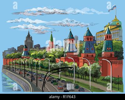 Stadtbild der Damm des Kreml Türme und Moskau Fluss (Roter Platz, Moskau, Russland) Bunte isoliert Vektor hand Zeichnung Abbildung. Stock Vektor