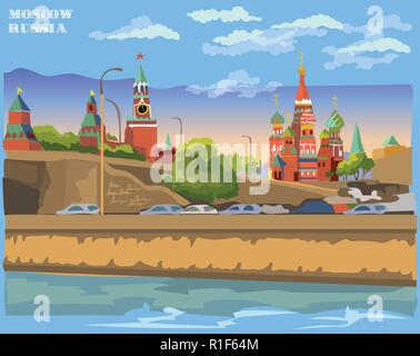 Stadtbild der Damm des Kreml Türme und Brücke über Fluss Moskau (International Sehenswürdigkeiten Roter Platz, Moskau, Russland). Bunte Vektor illustr Stock Vektor