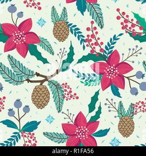 Whimsical, sich wiederholendes Muster. Weihnachten und Winter Thema. Pflanzen, rote Blüten, Zapfen, Beeren und Zweige. Hand gezeichneten Stil. Stock Vektor