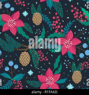 Whimsical, sich wiederholendes Muster. Weihnachten und Winter Thema. Pflanzen, rote Blüten, Zapfen, Beeren und Zweige. Hand gezeichneten Stil. Stock Vektor
