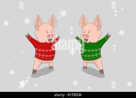 Vector Illustration, glückliches Neues Jahr 2019 lustige karte Design mit cartoon Schwein Stock Vektor