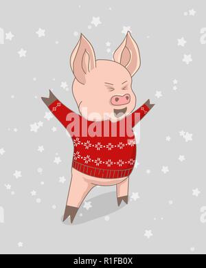 Vector Illustration, glückliches Neues Jahr 2019 lustige karte Design mit cartoon Schwein Stock Vektor