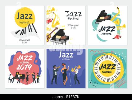 Jazz Plakat Hintergrund. Vektor einrichten Vorlage für Festival Veranstaltung mit Musikinstrumenten und Sänger Charakter. Quadratische Komposition. Stock Vektor