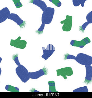 Winter nahtlose Muster mit warmen gestrickten Schals, Handschuhe, Socken auf einem weißen Hintergrund. Perfekt für Geschenkpapier, musterfüllungen, Webseite Hintergrund, ein Stockfoto