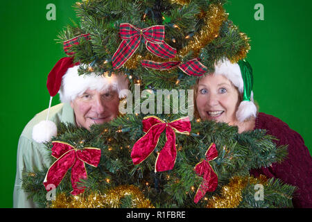 Reifes Paar posing und lächelnd innen Weihnachtsbaum mit Girlanden und Bögen auf grünem Hintergrund eingerichtet. Stockfoto