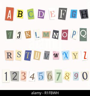 Schneiden Sie die Buchstaben des englischen Alphabets und Zahlen, Vector Illustration. Stock Vektor