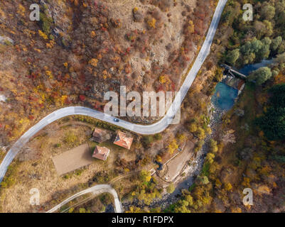 Herbst Wald drone Luftaufnahme, Ansicht von oben von Laub Bäume und auf der Straße. Stockfoto