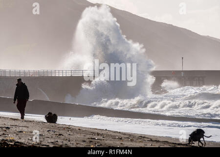 Aberystwyth Wales, UK. 12 Nov, 2018. UK Wetter: Es ist eine stürmische wild, aber erstaunlich sonnig, morgen auf Aberystwyth Wales, mit starken Winde, die auf über 30 mph und Flut Kombination von riesigen Wellen ins Meer Abwehr rund um die Promenade und den Hafen Photo Credit: Keith Morris/Alamy leben Nachrichten Stockfoto