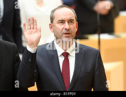 12. November 2018, Bayern, München: Hubert Aiwanger (FW), Stellvertretender Ministerpräsident und Staatsminister für Wirtschaft, regionale Entwicklung und Energie, nimmt seinen Eid im Bayerischen Landtag. Foto: Tobias Hase/dpa Stockfoto