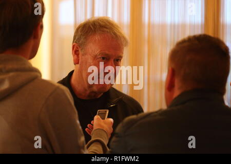 Newport, Wales, UK. 12. November 2018. Fridtjof Åge Hareide ist eine norwegische fussball manager seit 2015 Geschäftsführer der dänischen Fußball-Nationalmannschaft. Vor dem Spiel Interview in der Celtic Manor Resort in der Nähe von Newport vor der Nationen Liga Match Wales v Dänemark an der Cardiff City Stadium. Quelle: www.garethjohn. uk/Alamy leben Nachrichten Stockfoto