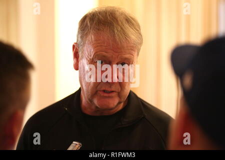 Newport, Wales, UK. 12. November 2018. Fridtjof Åge Hareide ist eine norwegische fussball manager seit 2015 Geschäftsführer der dänischen Fußball-Nationalmannschaft. Vor dem Spiel Interview in der Celtic Manor Resort in der Nähe von Newport vor der Nationen Liga Match Wales v Dänemark an der Cardiff City Stadium. Quelle: www.garethjohn. uk/Alamy leben Nachrichten Stockfoto