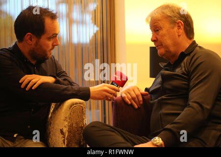 Newport, Wales, UK. 12. November 2018. Fridtjof Åge Hareide ist eine norwegische fussball manager seit 2015 Geschäftsführer der dänischen Fußball-Nationalmannschaft. Vor dem Spiel Interview in der Celtic Manor Resort in der Nähe von Newport vor der Nationen Liga Match Wales v Dänemark an der Cardiff City Stadium. Quelle: www.garethjohn. uk/Alamy leben Nachrichten Stockfoto