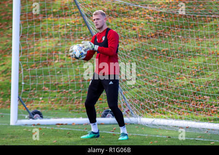 Cardiff, Wales, UK. 12. November 2018. Wales Torhüter Adam Davies Züge am Vale Resort vor Ihrer bevorstehenden Länderspiele gegen Dänemark und Albanien. Lewis Mitchell/YCPD. Quelle: Lewis Mitchell/Alamy leben Nachrichten Stockfoto