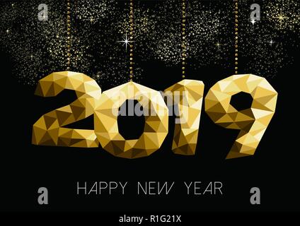 Neues Jahr 2019 Gold Holiday Greeting Card Design, Low Poly Party Dekoration auf Feuerwerk Nachthimmel. Stock Vektor