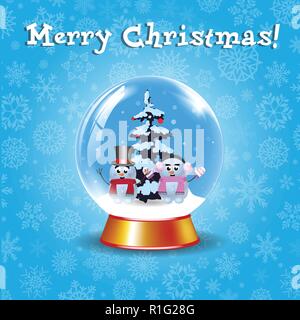 Frohe Weihnachten Grußkarten mit Crystal Schneekugel mit ein paar niedliche Schneemänner und Tanne im Winter Blue snowy Hintergrund mit niedlichen Schneeflocken. V Stock Vektor