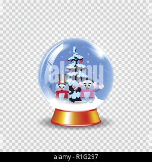 Weihnachten, Neujahr crystal Schneekugel mit ein paar niedliche Schneemänner und Tannenbaum auf transparentem Hintergrund isoliert. Vektor Cartoon Illustration, Symbol, Stock Vektor