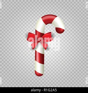 Realistische bunte Weihnachten Zuckerstange mit roter Satinschleife Knoten isoliert. Xmas-themed Vector Illustration für Symbol, Logo, Aufkleber, Patch, Label, Zeichen, Stock Vektor