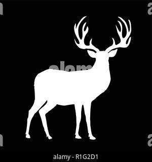 Weiße silhouette Rentier mit großen Hörnern auf schwarzen Hintergrund isoliert. Vector Illustration, Symbol, Zeichen, Symbol der Hirsche. Stock Vektor