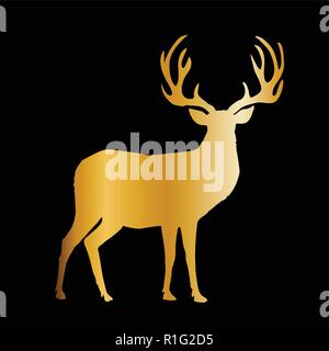 Gold silhouette Rentier mit großen Hörnern auf schwarzen Hintergrund isoliert. Vector Illustration, Symbol, Clip Art, Zeichen, Symbol der Rotwild für Design. Stock Vektor